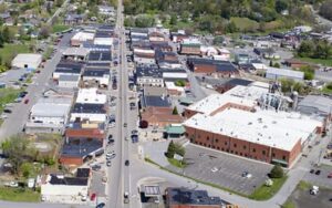 the downtown area of West Jefferson, shown from above